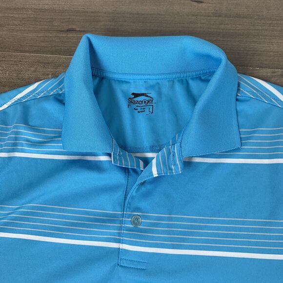 Slazenger Polo Shirt Mens Large Blue White Striped Golf Short Sleeve Stretch - Picture 3 of 10
